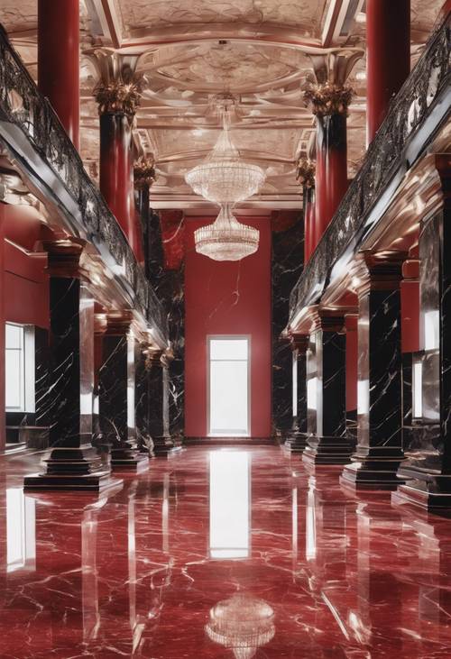 Un gran salón con pilares de mármol rojo y negro.
