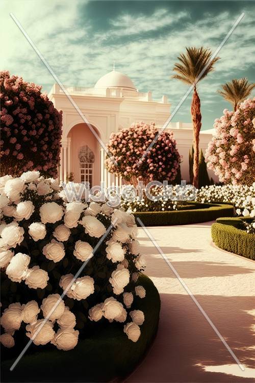 Manoir rose avec jardins luxuriants et palmiers