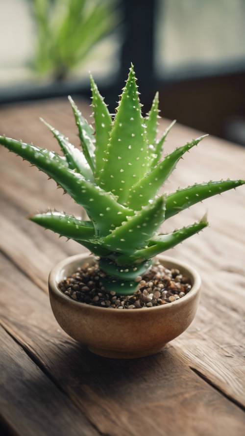 An aloe vera plant on a wooden table, its spiky leaves full of healing gel. Tapeta [051acf3d6a5243abaff5]