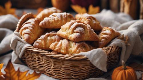 A basket filled with delectable fall treats like apple turnovers and pumpkin bread.