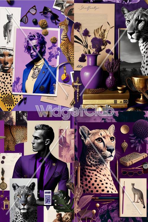 優雅な紫色の壁紙には、風格ある動物とおしゃれなファッション要素が満載