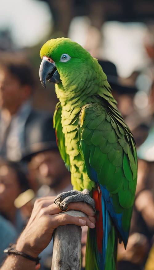 A brightly colored green parrot sitting on a pirate's shoulder.
