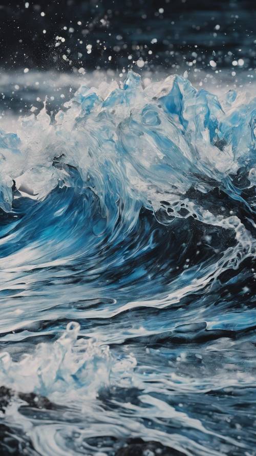 Une peinture abstraite en noir et bleu rappelant des vagues gelées s’écrasant sur un rivage désolé.