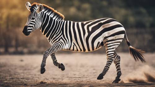 一匹斑马正迈着大步，一条腿悬空，肌肉强健有力。