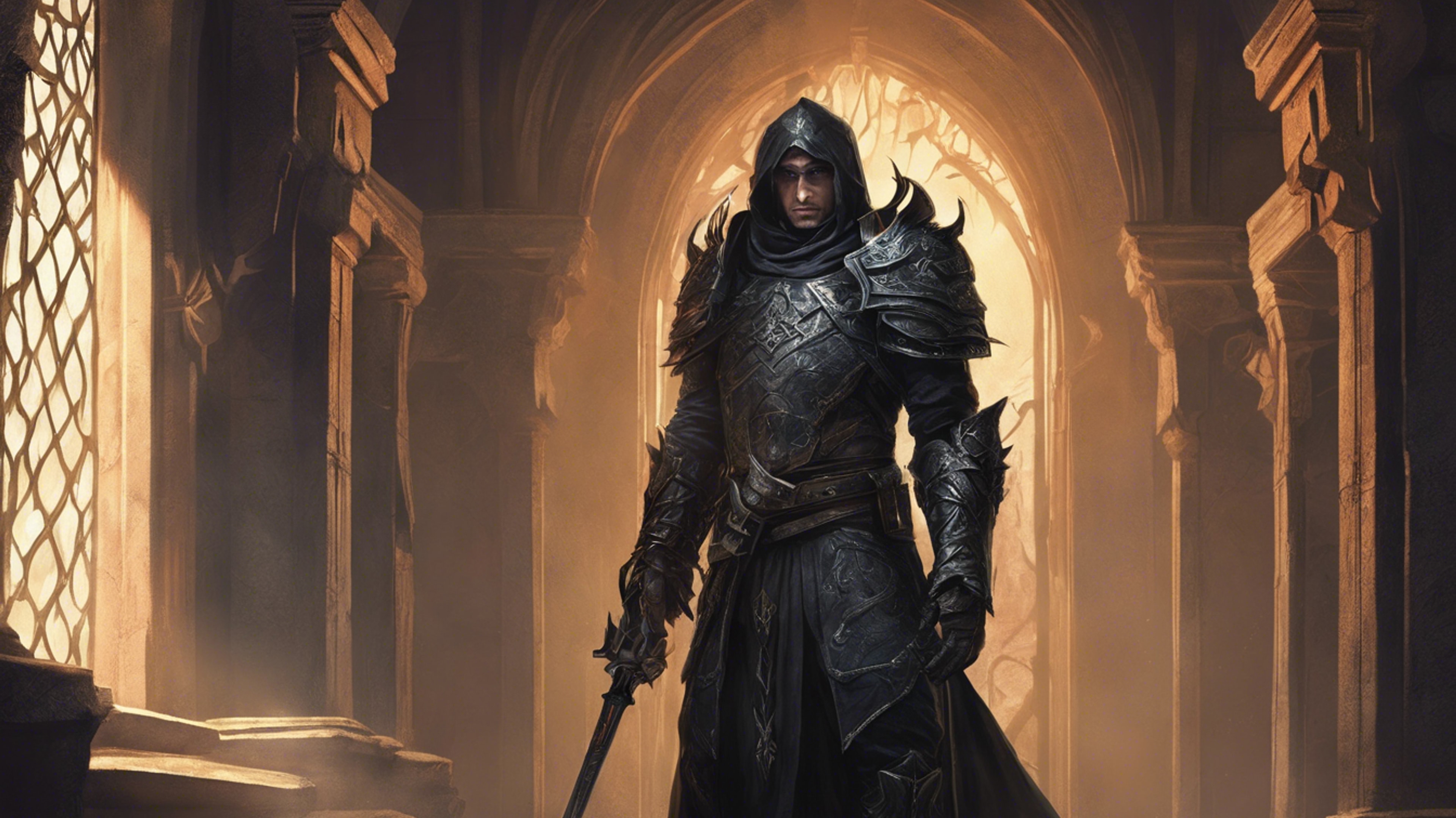 A gothic warrior clad in dark armor, standing in a torchlit corridor of a castle in a fantasy game. Sfondo[b8dc712d0df045d5aea5]