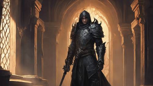 판타지 게임에서 어두운 갑옷을 입은 고딕 전사가 성의 횃불 복도에 서 있습니다.
