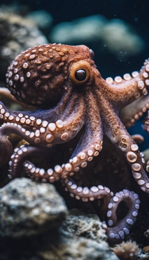 An octopus in deep midnight blue using camouflage against a rocky seabed. Валлпапер [2b34d35e59a144a2b56c]