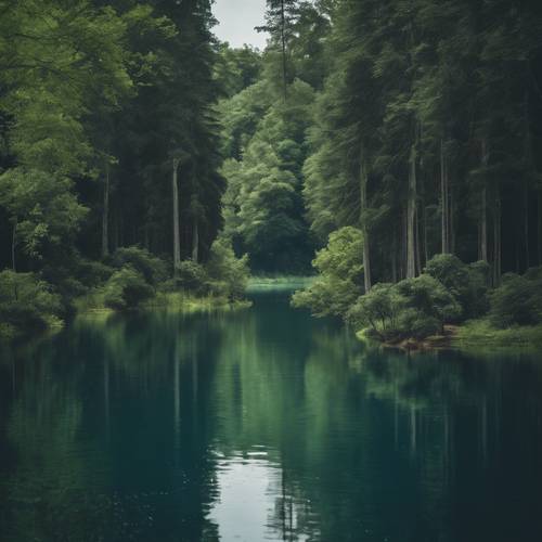 Uma paisagem sombria com um lago azul marinho profundo cercado por altas árvores verdes.