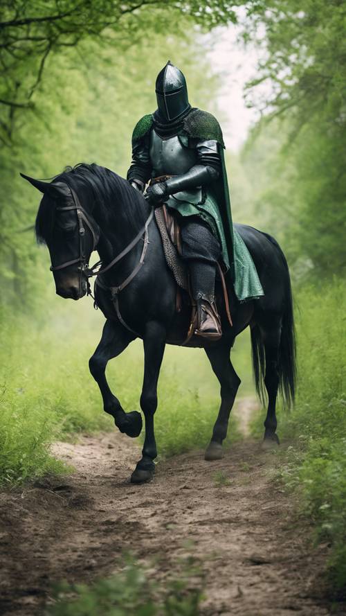 A lone black knight riding a horse in a green gothic landscape.