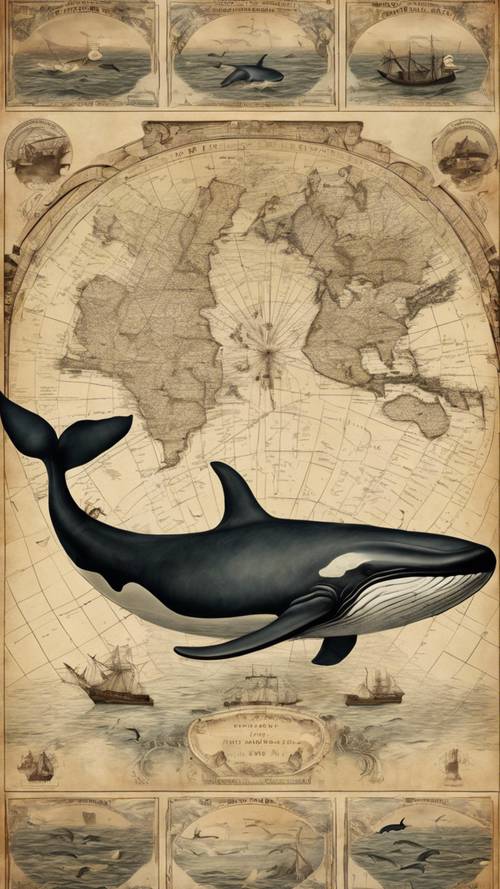 An antique map featuring famous whales from around the world portrayed.
