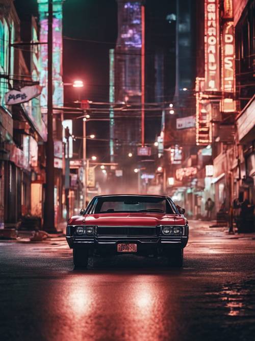Kierowca mafijnej ucieczki, zwiększający obroty silnika pod oświetlonym neonami miastem, gotowy na noc pełną pościgów.