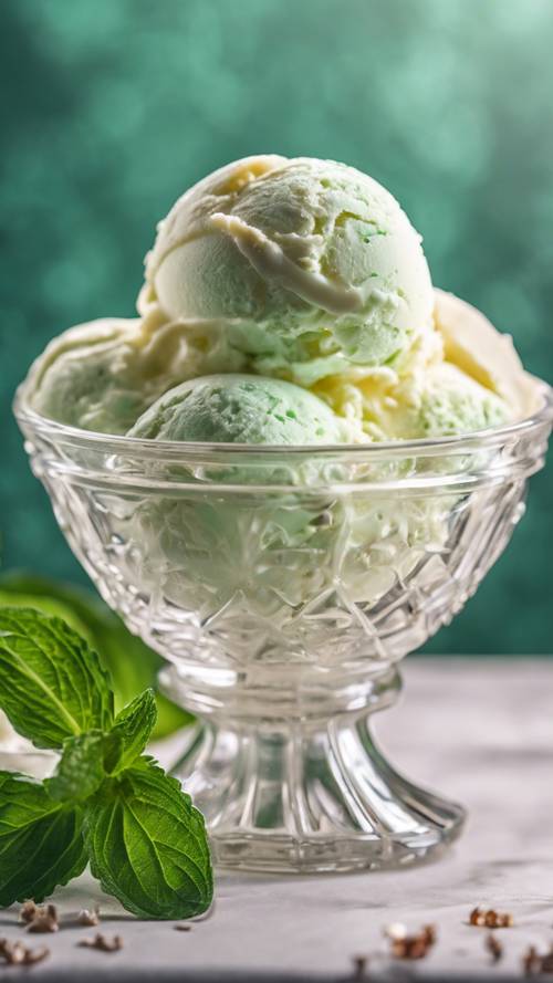 A scoop of vanilla ice cream resting in a crystal bowl, embellished by a sprig of mint.