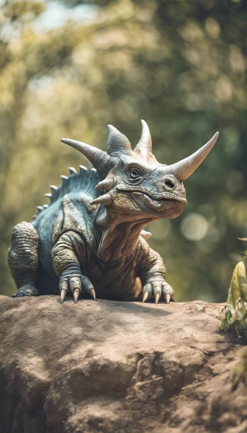 Khủng long Styracosaurus màu phấn nằm thư giãn dưới ánh nắng mặt trời giữa trưa.