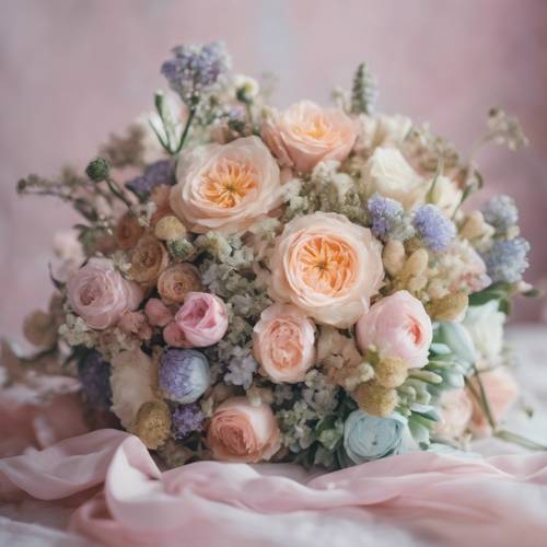 Bouquet con fantasia a righe composto da fiori misti dai colori pastello.