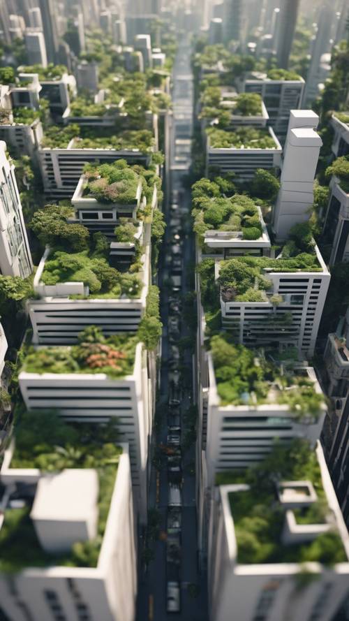 Vue plongeante sur un paysage urbain futuriste, ses gratte-ciel surmontés de jardins suspendus luxuriants.