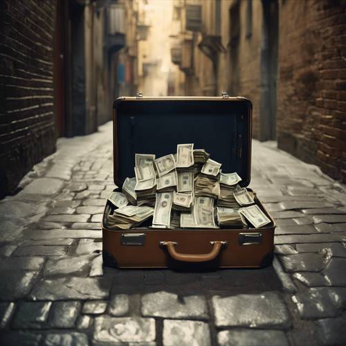 A suitcase filled with mafia money being exchanged in dimly lit alleyway.