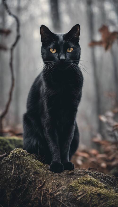 霧に包まれたグレーの森の中で立つグレー目の黒猫の壁紙