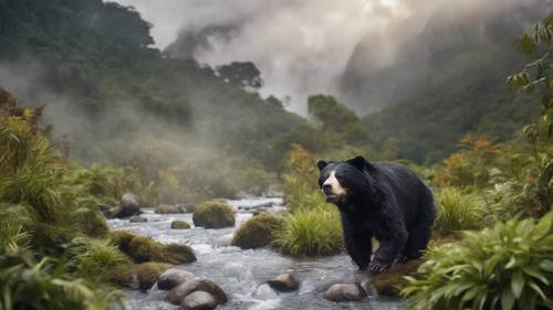 Очковый медведь грациозно пересекает быстрый стремительный ручей в таинственном облачном лесу Анд.