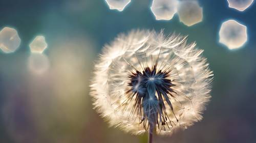 Un&#39;immagine magica di un dente di leone con le frasi luminose &quot;Desideralo, Sognalo, Fallo&quot; che scompaiono come semi fluttuanti nel vento.