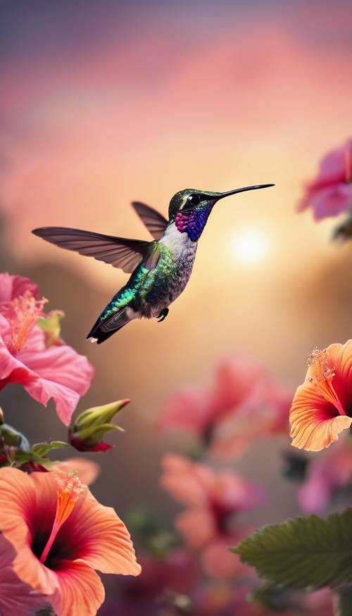 Un colibrí flotando sobre vibrantes flores de hibisco al atardecer.