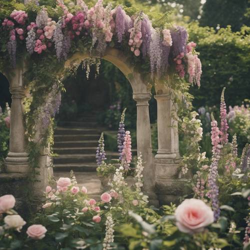 Vintage illustrations of an old English garden adorned with blooming roses, foxgloves, and wisteria".
