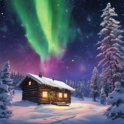 The Northern Lights painting the night sky in vibrant hues, over a remote wooden cabin decorated with Christmas lights, nestled in the heart of a snowy forest.