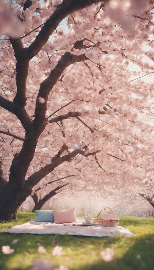 Suasana romantis menampilkan selimut piknik berwarna pastel yang dibentangkan di bawah pohon sakura yang sedang mekar penuh.