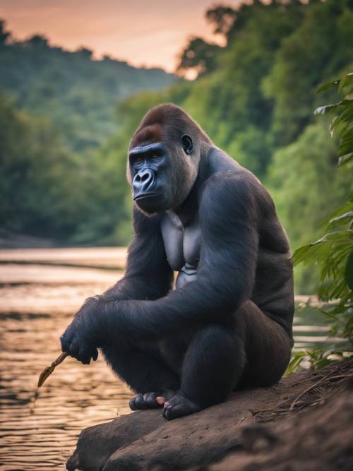 A gorilla fisherman intently waiting for a catch by a placid riverbank, as dusk sets in over the serene forest.