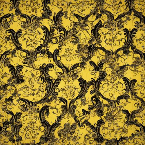 A classic damask pattern featuring heart shapes and round swirls on a bright yellow backdrop.