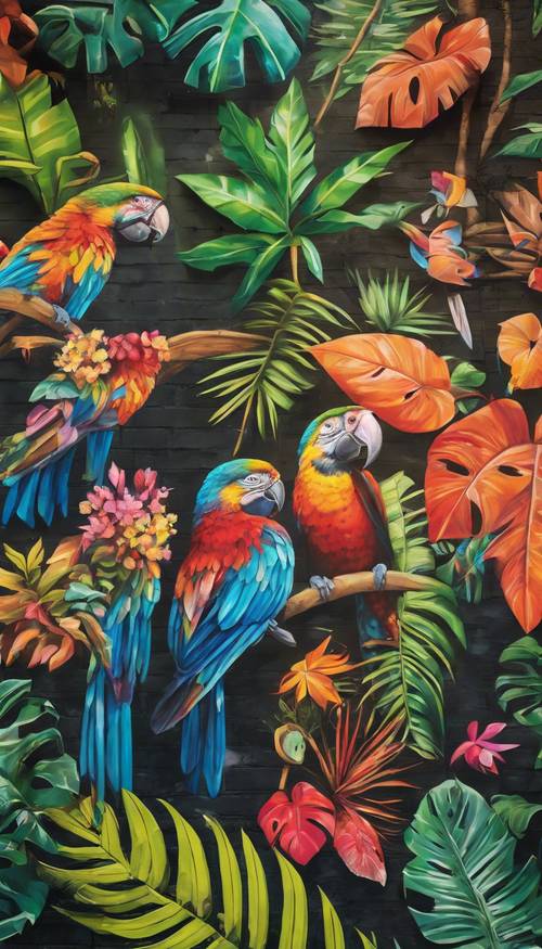 Detalhe de um mural vibrante e colorido de floresta tropical em uma parede de tijolos.