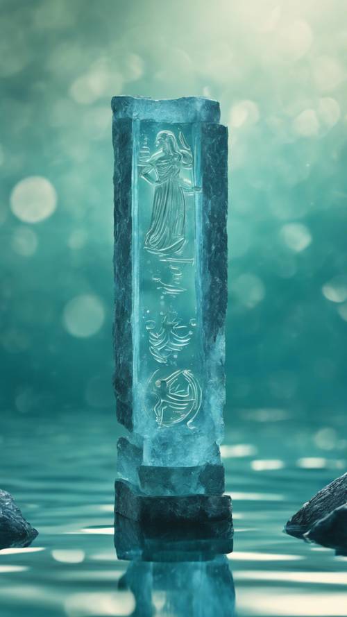 A minimalistic representation of the water-bearing Aquarius zodiac sign, carved out of aquamarine stone.