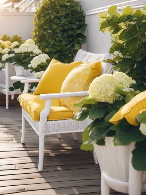 Taras w stylu preppy, ozdobiony krzewami hortensji, słonecznymi żółtymi poduszkami i białymi krzesłami ogrodowymi ustawionymi na letni wieczór.