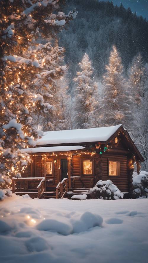 A cozy cabin nestled in the snowy mountains decorated with twinkling holiday lights.