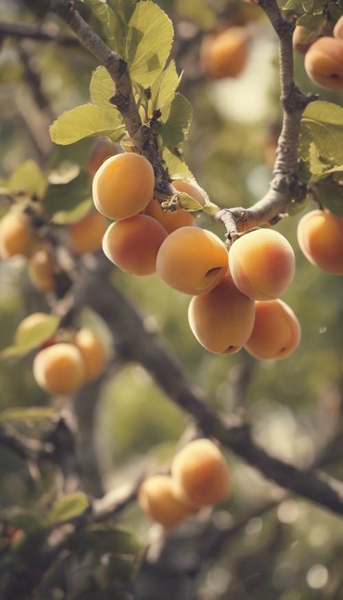 杏子從種子到樹的栽培過程的復古風格插圖。