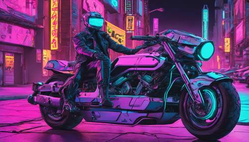 Uma elegante motocicleta cyberpunk estacionada em uma rua movimentada e iluminada por neon.