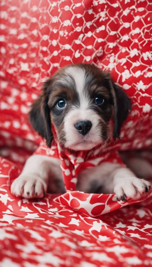 Um cachorrinho embrulhado em papel de embrulho vermelho com estampas em formato de coração.