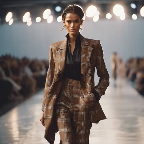 A high fashion model strutting down the runway in oversized brown plaid trousers and blazer. Tapet [dd0eecfdd4bc4749b750]