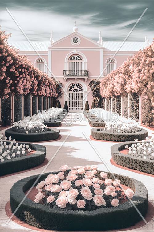 Palacio rosa con jardines de flores y fondo de cielo soleado