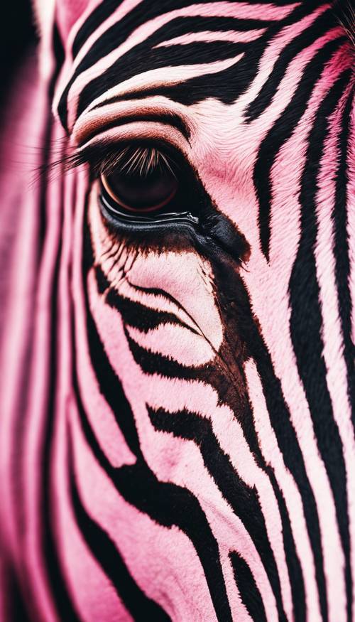 Foto close-up wajah zebra merah muda dengan intrik di matanya.