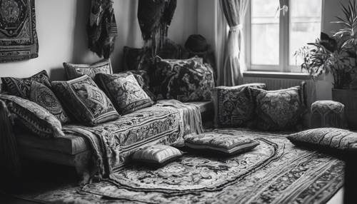 Um quarto vibrante em estilo boêmio em preto e branco, cheio de almofadas estampadas e tapetes ornamentados.