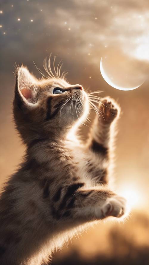 一隻頑皮的小貓在新月上彈跳，伸出手去觸摸太陽。