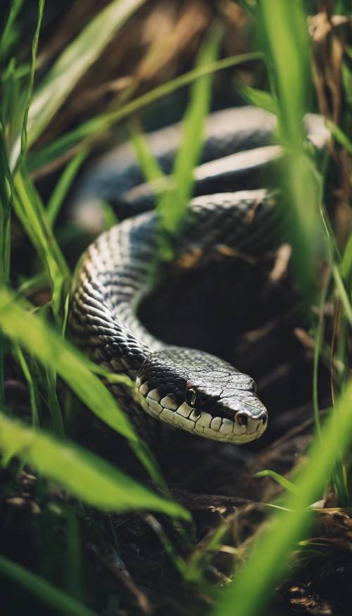 Uma pequena cobra d&#39;água escondida nas sombras de altas folhas de grama.