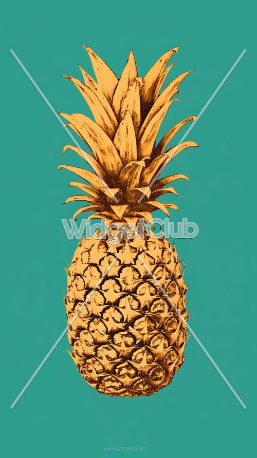 Golden Pineapple on Turquoise Background