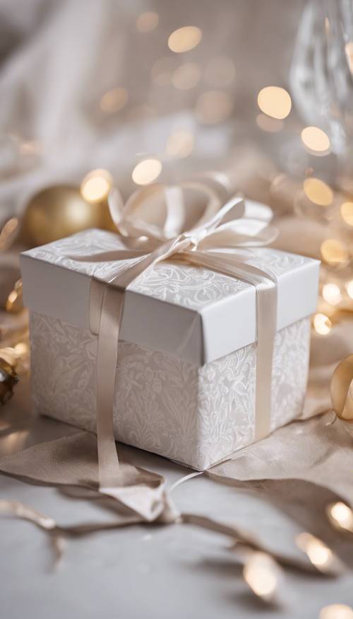 קופסת מתנה ארוזה להפליא עטופה בנייר דמשק לבן על שולחן יום הולדת.