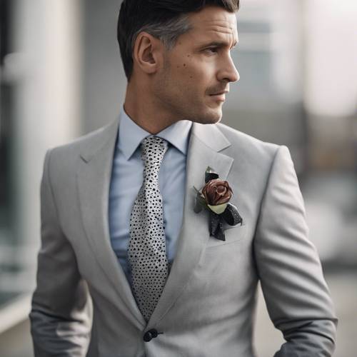 An elegant black polka dot tie set against a light grey suit