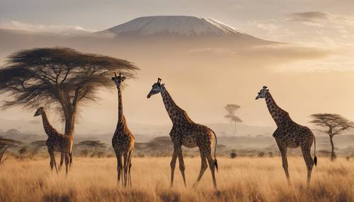 Eine Giraffenfamilie läuft an einem kühlen, ruhigen Morgen in einer Reihe, in der Ferne ist der Kilimandscharo zu sehen.
