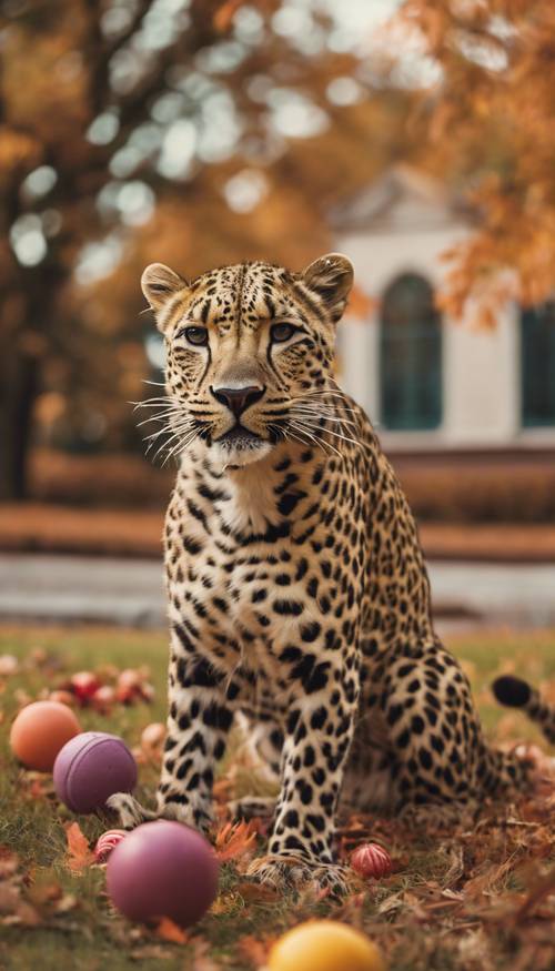 Canlı bir sonbahar ortamında vintage kroket seti oynayan bir grup tiki leopar.