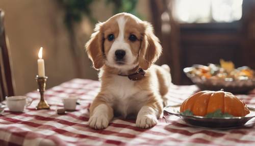 An adorable, mischievous puppy pulling on a table cloth of a set Thanksgiving dinner.
