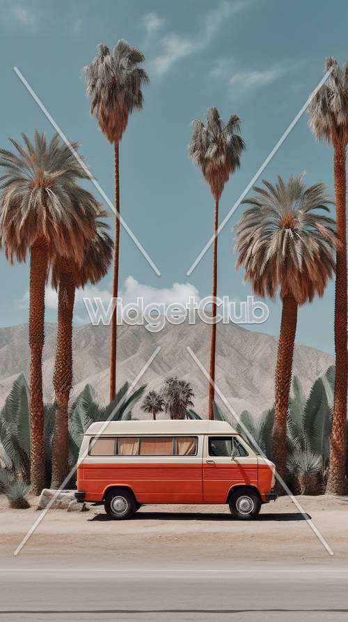 Palm Trees and Vintage Van Under Sunny Sky