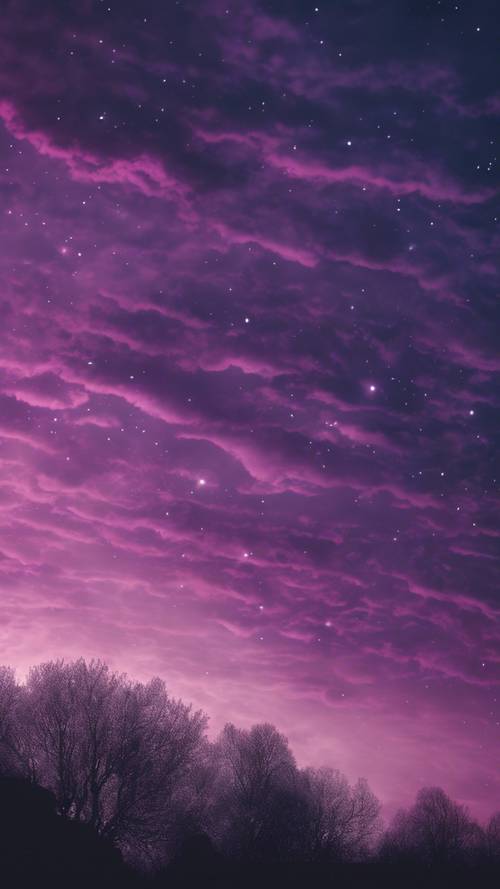Un ciel crépusculaire surréaliste peint dans des tons profonds d’indigo et de violet.